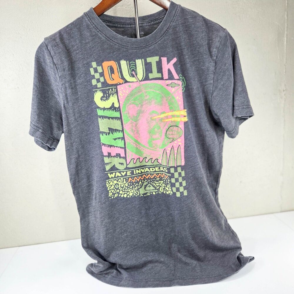 Quiksilver Wave Invaders Graphic T-Shirt Men’s Medium Gray Neon